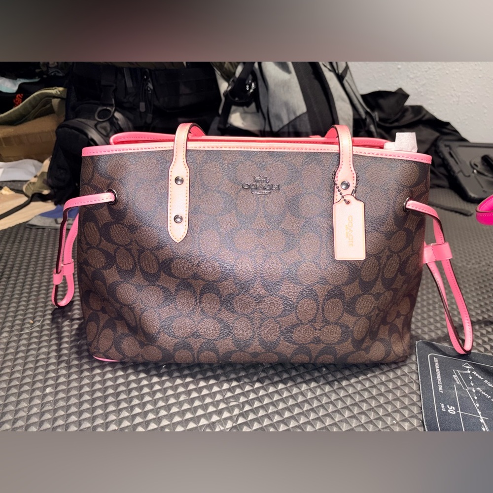 Coach Brown and Pink Signature drawstring Tote Bag